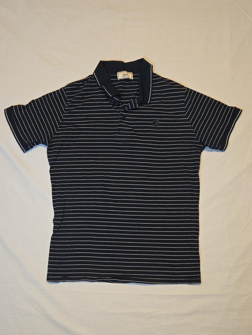 Ami Navy & White Stripe 1/4 Button Down Embroidered Logo Polo Shirt